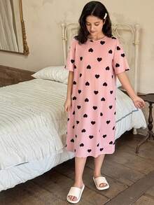 Dazy Kids Tween Girl Heart Print Loose Fit Round Neck Short Sleeve Casual Dress Spring - Pink - View 1