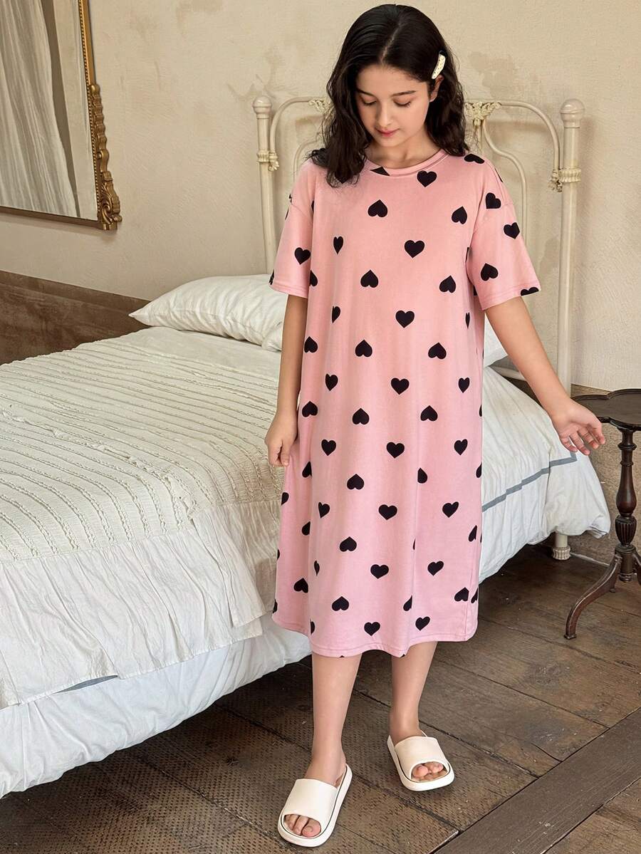 Dazy Kids Tween Girl Heart Print Loose Fit Round Neck Short Sleeve Casual Dress Spring - Pink - View 1
