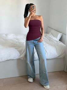 SHEIN EZwear 女士纯色酒红色褶皱下摆抹胸上衣 - 日常休闲装，情人节服装 - 酒紅色 - 查看 5