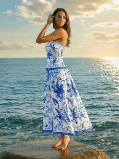 CAJUNI Women's Casual Vacation Tropical Lily Floral Blue & White Strapless Cold Shoulder Maxi Dress, Date Dress, Casual Elegant Dress, Blue And White Floral Dress, Strapless Summer Dress, Women Vacation Dress, Hawaii Outfits Women Dress