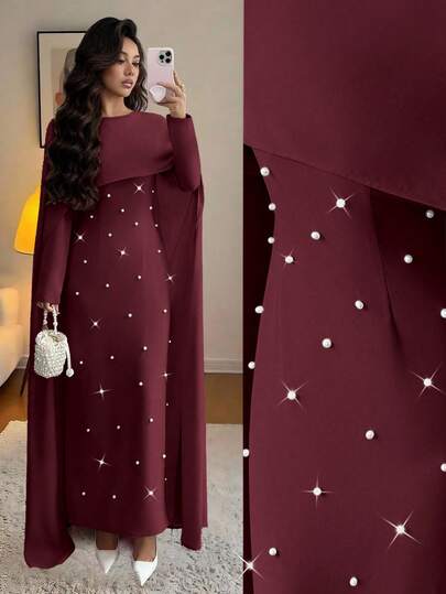 Elenzga Women's Autumn/Winter Knitted Round Neck Long Sleeve Umbrella Puff Pearl Decor Waist Fitted Maxi Party Dress, Elegant & Versatile, Christmas