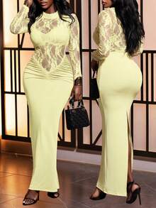 BamGleam 女士纯色蕾丝拼接立领透视性感长袖连衣裙 - 淡黃色 - 查看 5