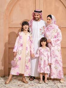 Tween Girl Classic Elegant Middle Eastern Print Long Jacket,Beige Modest Loose Dress,Autumn Country Style For Concert,Commute,Photo Shoots,Gatherings - Multicolor - View 3
