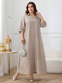 Veilorie Plus Size Elegant Commuter Dress With Pearl Decoration And Embroidery Fall - Khaki - View 5
