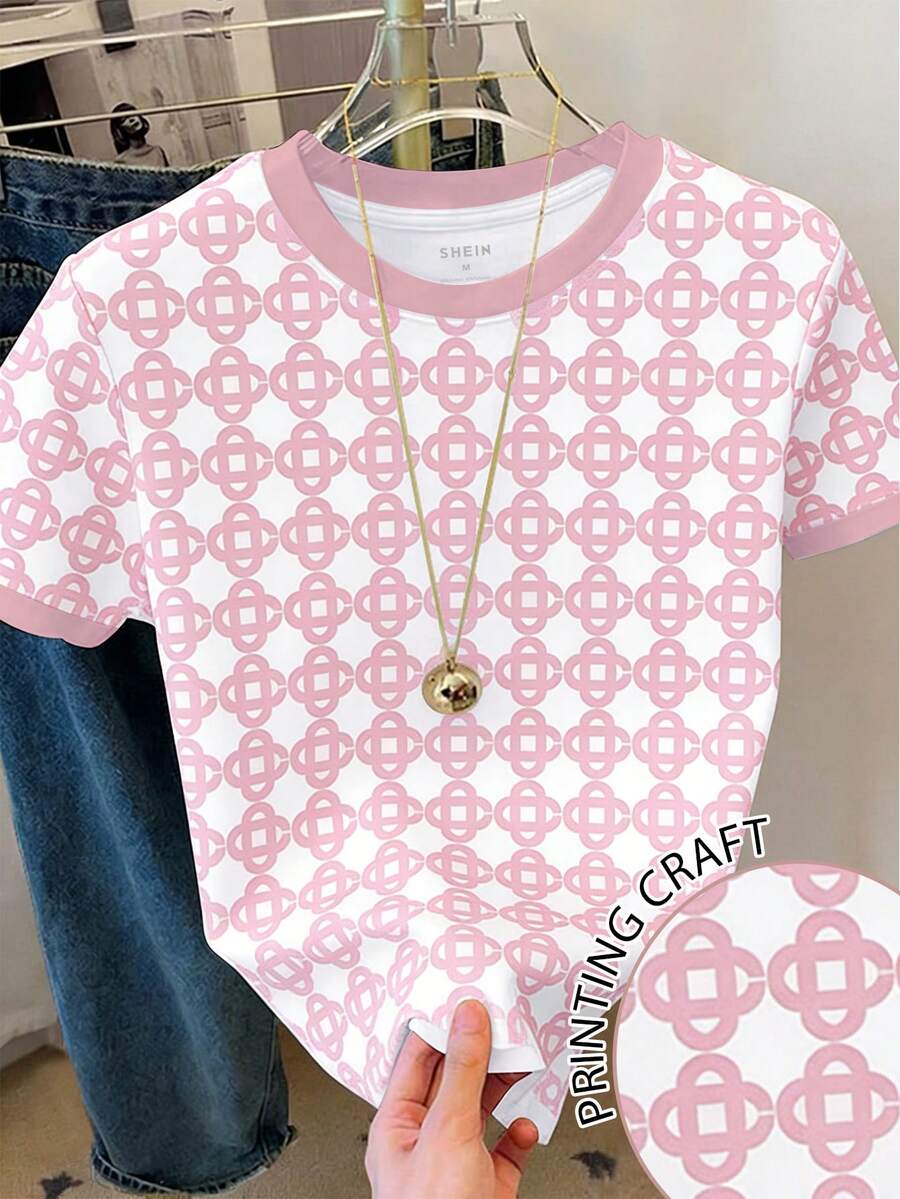 Resyla Women's Allover Print Short Sleeve Casual Versatile Round Neck T-Shirt - White - View 1