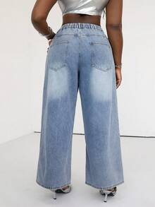 Slaydiva Jeans de pierna ancha de talla grande con lavado casual y decoración de remaches para primavera/verano - Azul - Ver 2
