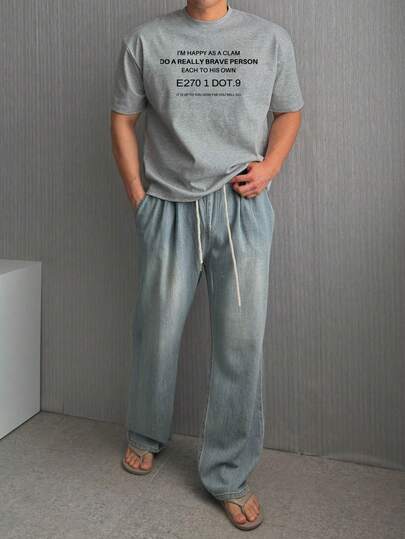 DAZY Men's Letter Print Grey Round Neck T-Shirt, Summer