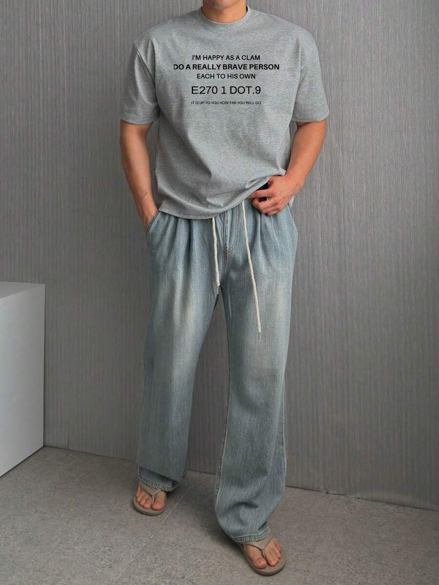 DAZY Men's Letter Print Grey Round Neck T-Shirt, Summer - Grey - View 1