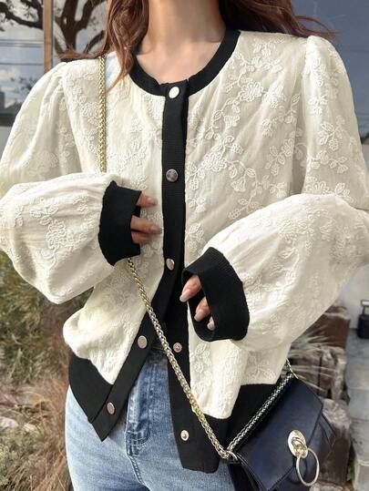 FRIFUL Veste décontractée pour femmes avec décoration en dentelle et bordure contrastée, manches bouffantes. Douce et confortable pour les tenues extérieures