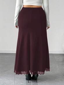 Elenzga Chân váy midi đuôi cá cạp cao co giãn phối ren mới thanh lịch dành cho nữ cỡ lớn - Màu nâu  Mocha - Xem 2