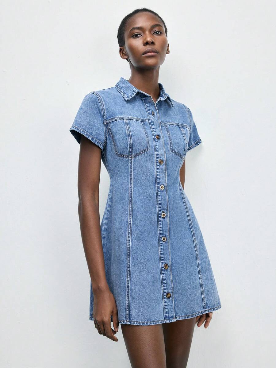 Maija Women's Casual Everyday Commute Single-Breasted Cinched Waist Denim Dress, Summer - Medium Wash - View 1