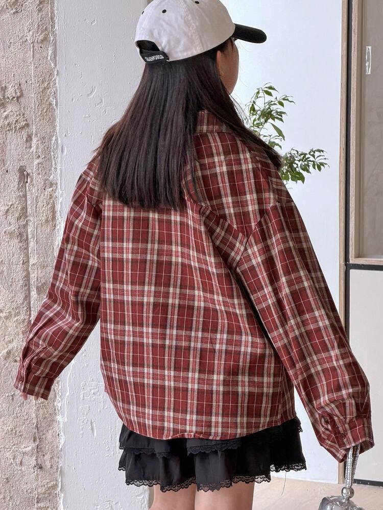 Tween Girl Fall Clothes Turndown Collar Plaid Long Sleeve Casual Shirt Spring