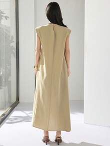 Heiryn 女士纯色圆领不对称下摆休闲百搭连衣裙 - 卡其色 - 查看 6