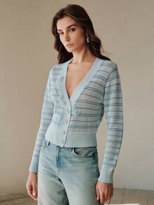 Anewsta 女士条纹蝴蝶装饰镂空针织开衫 - 霧霾藍 - 查看 5