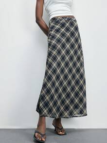 Maija 女士格子休闲通勤时尚长裙，都市通勤商务休闲女装，女士办公室着装，女士教师装，优雅复古风，适合春夏，情人节 - 藏蓝色 - 查看 4