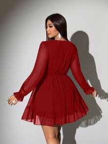 Viva Relle Plus Size Sexy Solid Deep V-Neck Ruched Long Sleeve Dress - Burgundy - View 6