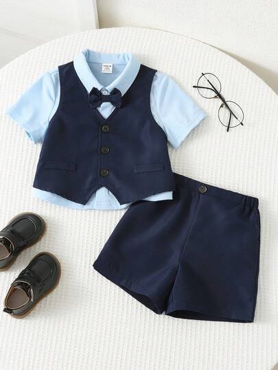 SHEIN Conjunto de caballero para bebé niño que incluye 3 piezas: chaleco de cuello en V + pantalones cortos + camisa de manga corta con botones delanteros y moño decorativo