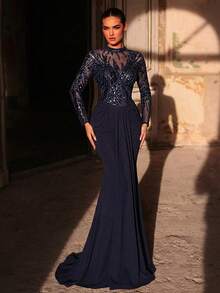 Glamrae Elegant Navy Blue Luxurious 3D Beaded & Sequin Embroidered Asymmetrical Neck Sheer Long Sleeve Ruched Fishtail Formal Gown, Suitable For All Formal Occasions - Navy Blue - View 8