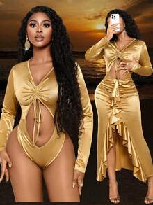 Lureya 两件套金属光泽优雅性感派对礼服套装，包括长袖上衣和高开衩褶皱长裙，香槟金色，镂空腰身设计，弹力光泽面料。 - 黃色 - 查看 1