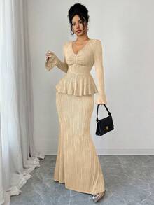 SHEIN Elenzya Women's V-Neck Ruffle Hem Flare Sleeve Top And Fish Tail Skirt Elegant Party Outfit - Apricot - View 8