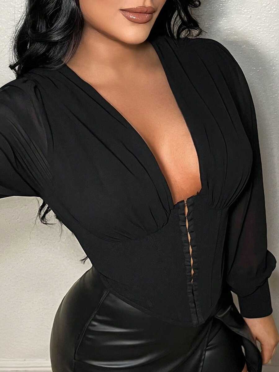SHEIN SXY 新款女士雪纺褶皱肩部腰部鱼骨黑色上衣 - 黑色 - 查看 1