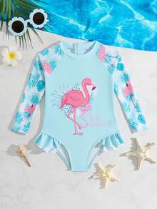 Traje de baño de una pieza para bebé niña, con estampado de animales lindos y diseño floral, de manga larga con protección solar, adecuado para nadar, verano y vacaciones - Multicolor - Ver 7