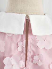 少女优雅花卉网纱蝴蝶结装饰短袖连衣裙 - 粉色 - 查看 7