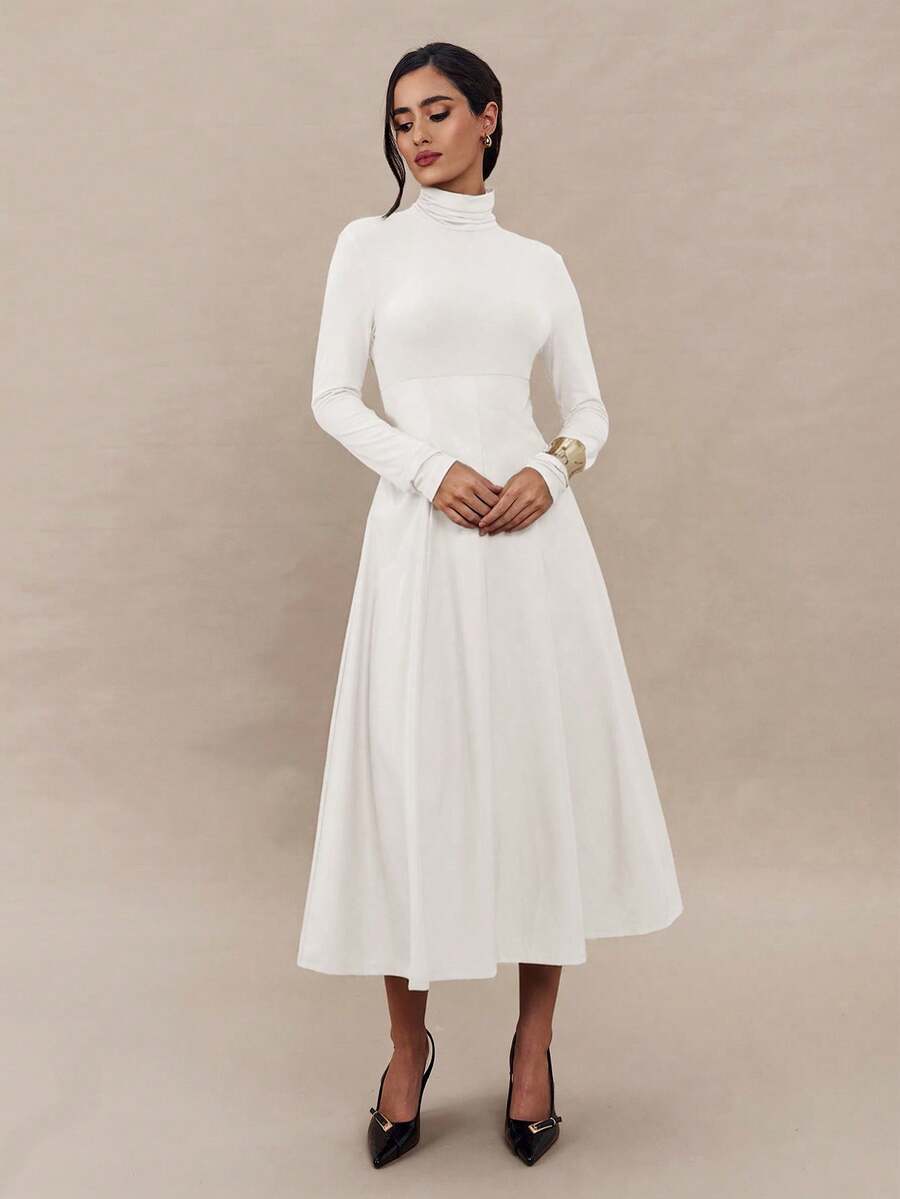 Modelyn Đầm dài tay dáng lửng, cổ đứng, màu trơn, ôm dáng, thanh lịch dành cho nữ. - trắng - Xem 1