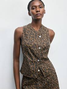 Maija Women's Casual Fashionable Street Leopard Print Wrap Single-Breasted Fitted Denim Vest, Summer - Multicolor - View 3