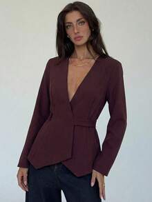 Aloruh Women's Fashionable Solid Color Deep V Neck Blazer In Fall/Winter - Burgundy - View 6