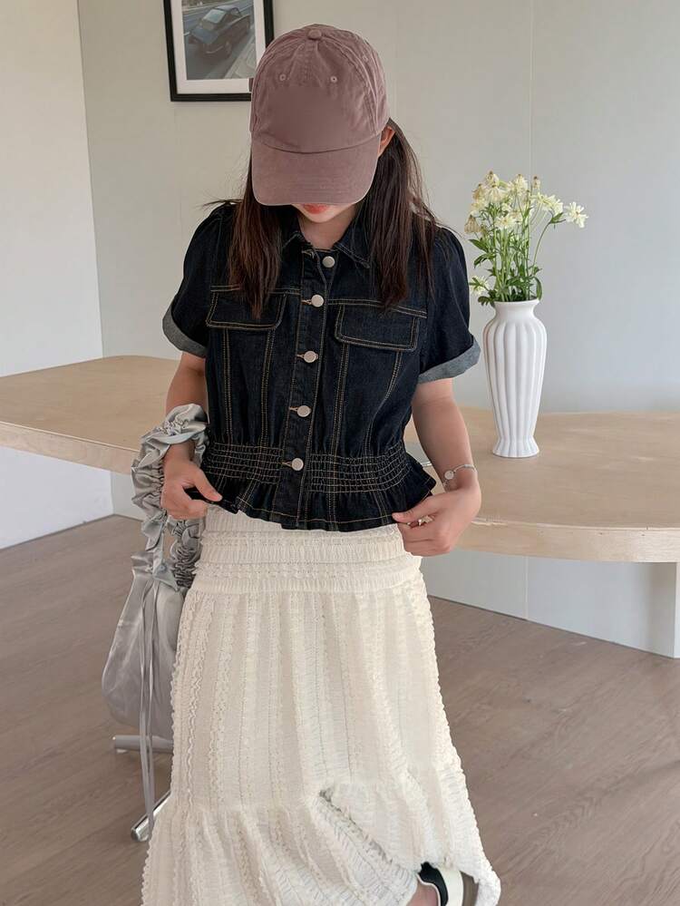 Tween Girls Korean Style Collared Short Sleeve Denim Shirt