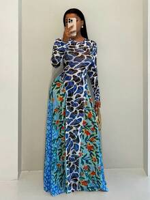 BamGleam Floral Contrast Mesh Puff Sleeve Elegant Romantic Vacation Dress - Blue - View 5