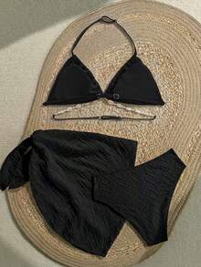 SHEIN Teen Girl 3 PiecesSwimsuit Set: White Textured Knit Camisole, Swim Shorts, And Wrap Skirt - Black - View 3