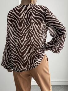 Livesso Spring & Summer Loose Business Casual Chiffon Blouse, Leopard Print Color Block Striped Tie Design, Fashionable Office Wear For Women - Brown - View 3