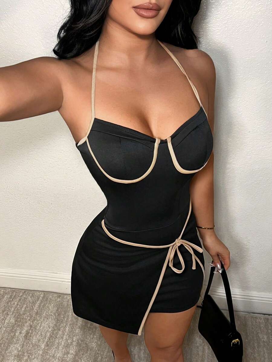 SHEIN SXY Women's Summer Fashion Halter Neck Contrast Trim Dress - Multicolor - View 1