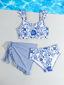 SHEIN 少女碎花比基尼三件套泳衣套装，含沙滩罩衫，适合海滩、泳池、夏季、度假。两件套青少年泳衣，三件套比基尼套装，含纱笼裙，高腰泳衣套装，款式保守的比基尼套装，度假女孩两件套泳衣。 - 藍色 - 查看 3