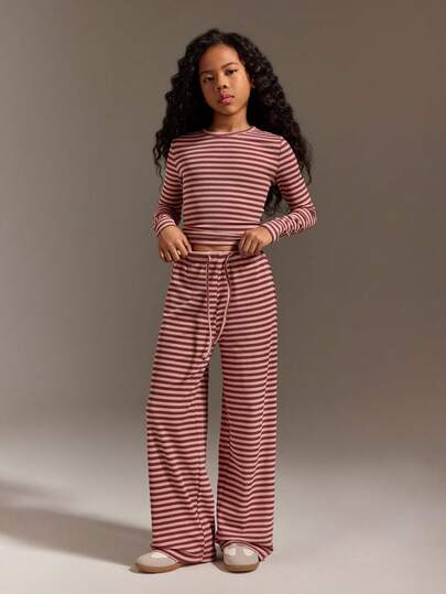 SHEIN Tween Girls 2pcs Striped Long Sleeve Round Neck T-Shirt And Wide Leg Pants Set, Casual Striped Outfit For Home, Leisure, Outdoor Sports