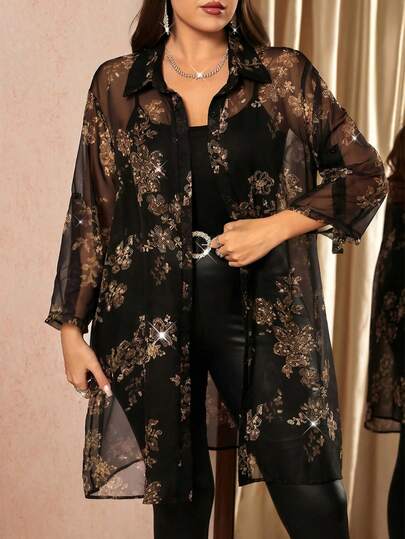 SHEIN Clasi Plus Size Floral Sequin Patchwork Front Button Sheer Blouse
