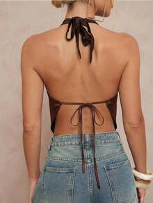 Lumalex Modest Old Money Coquette Glitter Holiday Party Rave Festival Outing Swim Vacation Bohemian BOHO Sea Beach Hot Outdoor Richly Layered Wedding Season Banquet Coming Of Age Ceremony Beach Seaside Women's Tie-Dye Print Plunge Neck Beaded Backless Tank Top Scarf Top Cowl Neck Top Halter Top Silk Top Brown Top Spring /Summer Music Festival Fashion Outfits - Coffee Brown - View 3