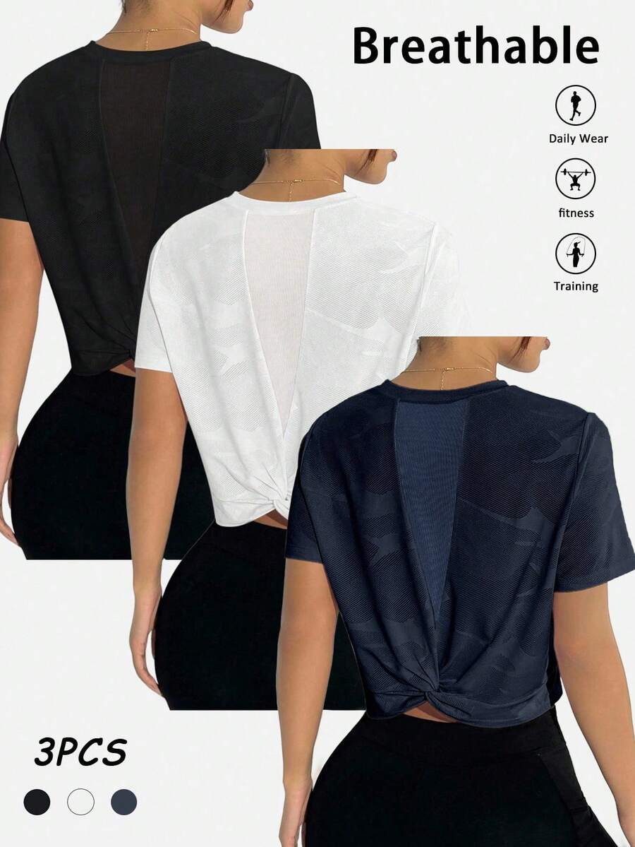 SHEIN Velisys 3件套 多功能休闲舒适提花面料后背网眼运动T恤 - 彩色 - 查看 1