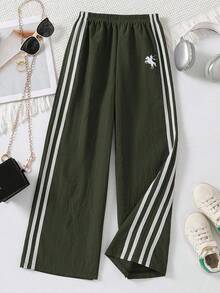 SHEIN 少女条纹松紧腰休闲直筒裤 - 軍綠色 - 查看 3