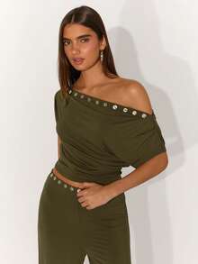 SHEIN BAE 女士纯色亮片装饰不对称肩部时尚百搭约会之夜蝙蝠袖T恤 - 軍綠色 - 查看 4