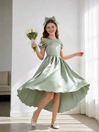 Girls' Satin Pleated Shoulder Strap Decorated Dress, Elegant A-Line Midi Dress For Summer Party, Formal Occasion