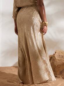 SHEIN BAE 大码女士奢华优雅金色弹力美人鱼长裙 - 金色 - 查看 2