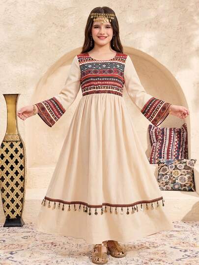 Travachic KIDS Tween Girls فستان بنات Resort Casual Striped Patchwork Tassel Waist Elastic Long Sleeve Flared Dress,Natural Shell Pendant Tassel,Vacation Casual Fashion Patchwork Floral Fringe Square Collar Long Sleeve Dress Dresses For Girls Maxi Kids Arabic Dress Girls Modest Dress