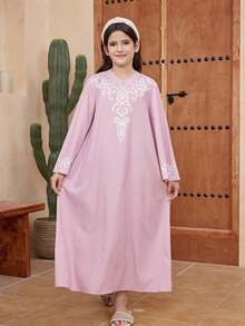 Sukienka dla nastolatek w stylu pałacowym, luźna, swobodna, z dekoltem w serek i długim rękawem - Różowy - Zobacz 2