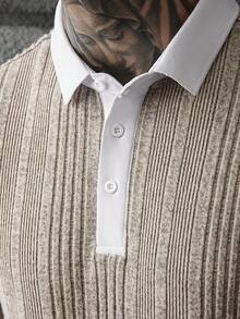 Manfinity Homme 男士撞色短袖休闲通勤Polo衫 - 卡其色 - 查看 6