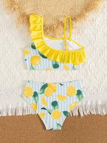 Young Girls Lemon Print Knit Asymmetrical Shoulder Ruffle 2 Pieces Bikini Set, Elegant & Conservative, Suitable For Vacation, Swimming, Beach, Summer  Lemon Swimsuit Kids Lemon Bathing Suit Girls Two Pieces With Ruffles Girls Swimsuit Two Piece Fruit Print Swimsuit Kids Lemon Two Piece Swimsuit Girls Girls Two Piece Swimsuit With Ruffles 2 Piece Set Summer Girls Kids Lemon 2 Piece Swimsuit Girls Ruffled Swimsuit Girls Lemon Swimsuit Girls 2 Piece Swimsuit Ruffled Collar Swimsuit Girls Girls 2 Pi - Multicolor - View 2