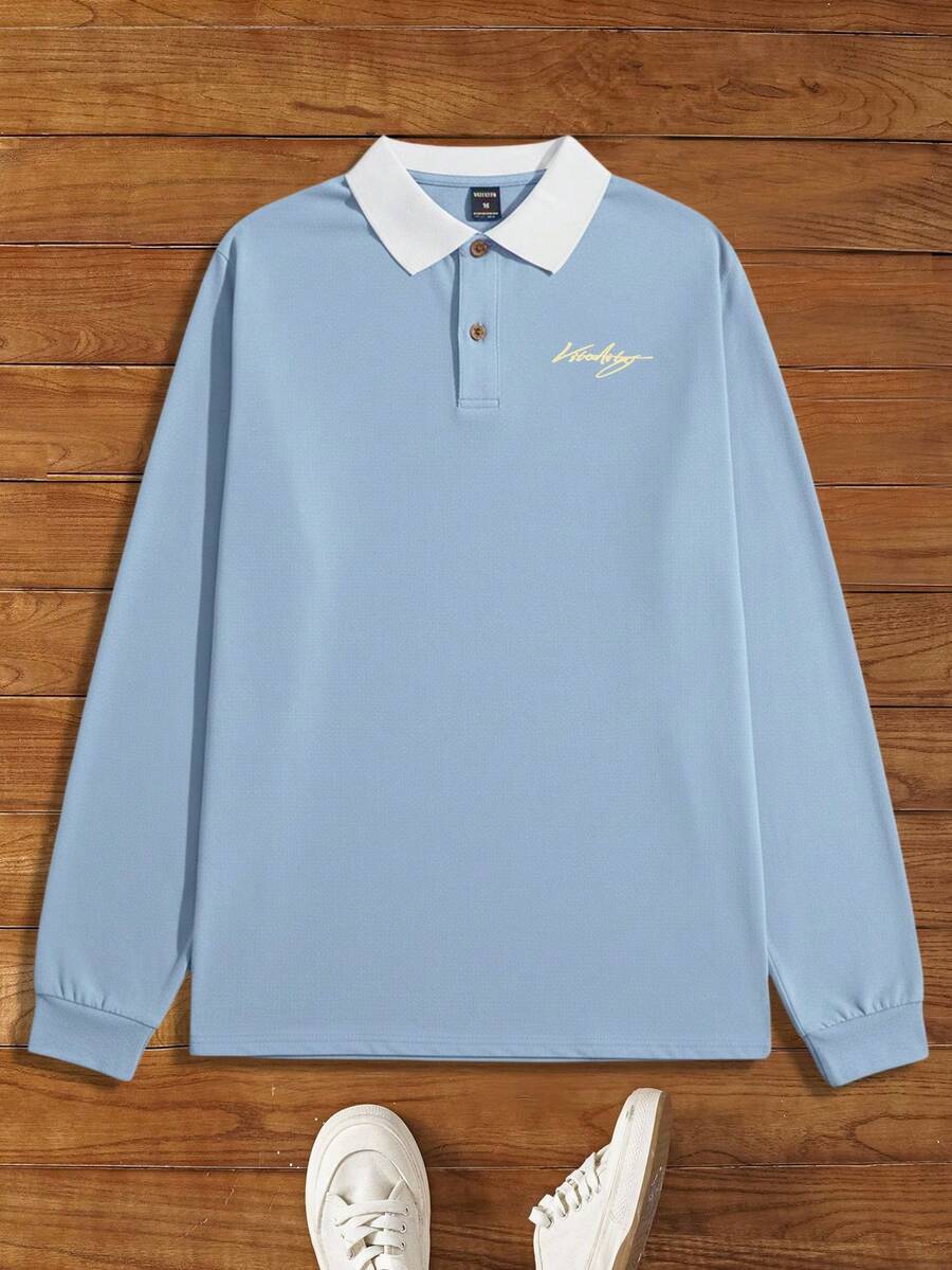 HIMLAND Men's Letter Print Contrast Color Long Sleeve Casual Polo Shirt - Blue - View 1