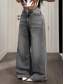 BamGleam 休闲中腰宽松直筒阔腿牛仔裤 - 灰色 - 查看 3